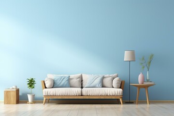 Contemporary mockup featuring a light blue empty wall. Generative AI