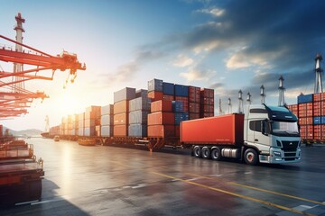 Shipping operation at warehouse dock. Keywords: cargo, truck, delivery, logistics, freight, services, action, loading, warehouse, dock,. Generative AI