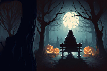 One ghost sits from behind on a bench next to burning pumpkins in a dark ominous forest at night in the moonlight, close-up side view. - obrazy, fototapety, plakaty