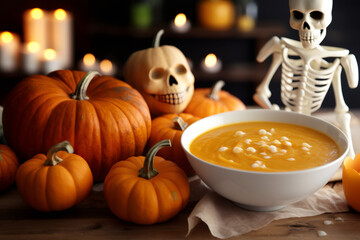 One bowl of pumpkin soup with a skeleton, pumpkins and burning candles lies on a wooden table in the kitchen with a blurred background, close-up side view. - obrazy, fototapety, plakaty