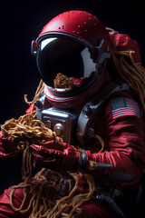 an astronaut with a bowl of spaghetti