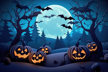 Happy Halloween background with clouds and pumpkins in the style of paper clippings. Full moon in the sky, spider web, skull, ghost and flying bats. Generative AI