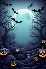 Happy Halloween background with clouds and pumpkins in the style of paper clippings. Full moon in the sky, spider web, skull, ghost and flying bats. Generative AI