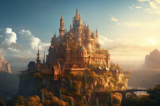 An image of a majestic castle on the main street of a fantasy city. Generative AI