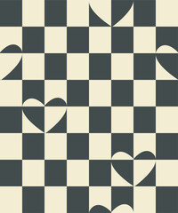 Checkered heart shapes abstract seamless pattern swatch. Decorative geometrical grid. Black white vintage colours palette. Graphical ornamental background