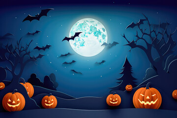 Fototapeta premium Happy Halloween background with clouds and pumpkins in the style of paper clippings. Full moon in the sky, spider web, skull, ghost and flying bats. Generative AI