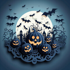 Happy Halloween background with clouds and pumpkins in the style of paper clippings. Full moon in the sky, spider web, skull, ghost and flying bats. Generative AI