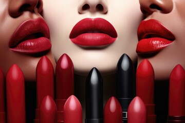Fototapeta premium Close-up photo of beautiful female lips with red lipstick. Style, beauty and fashion concept.
