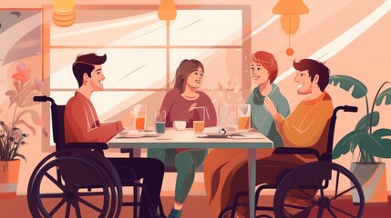 Fototapeta premium a group of people with disabilities have lunch at a table. Friends with disabilities. Living fully with a disability