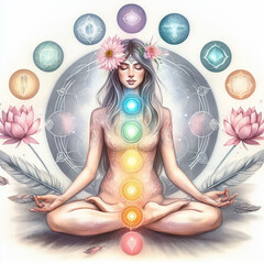 7 Chakras human body, Yoga meditation, aura, spiritual and Yin Yang symbols, balancing your life in nature concept.