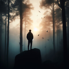 Lonely man in a hoodie walking in dark forest, concept of solitude, loneliness, solitary confinement - obrazy, fototapety, plakaty