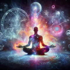 Yoga meditation lotus pose, spiritual enlightenment, spiritual dimension, aura, spiritual and Yin Yang symbols, balancing your life in nature concept, spiritual energy - obrazy, fototapety, plakaty