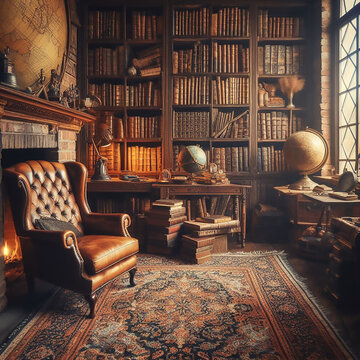 Library interior old in classic style, vintage library interior. Bookshelves in the library. Large bookcase with lots of books. Sofa in the room for reading books. Library or shop with bookcases.
