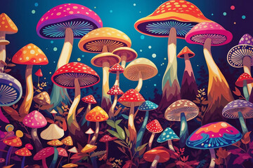 Magic mushrooms, psychedelic hallucination, vibrant vector illustration, 60s hippie colorful background, hippie and boho texture, trippy wallpaper