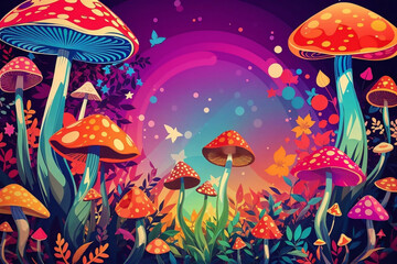 Magic mushrooms, psychedelic hallucination, vibrant vector illustration, 60s hippie colorful...