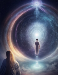 Mystery woman time traveler standing in-front of a giant circular portal, another dimension, power, interstellar vortex, spiritual dimensions, spiritual enlightenment, astral body, astral projection