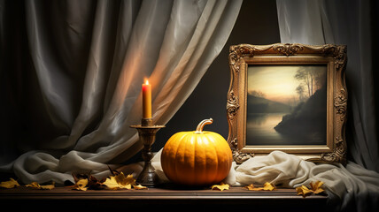 Sill life of halloween background with pumpkin and golden frame. AI generated