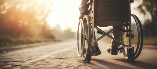 Banner of a man in a wheelchair without face. Close-up. Dramatic style. Patient with disability. Man with disability - obrazy, fototapety, plakaty
