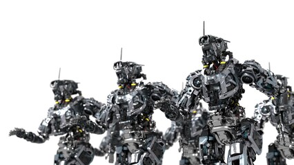 robot squad, cyborgs, synchronous movement, running motion, background for music, 3d render