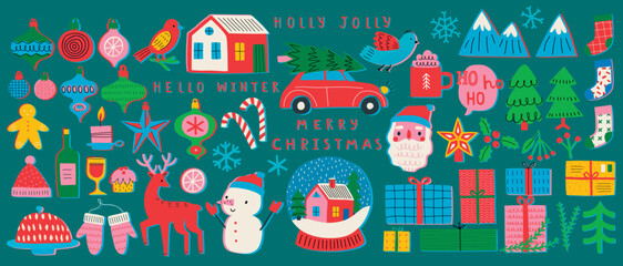 Christmas set of graphic elements, hand drawn style - cute objects, snowmen, Santa Claus and other elements.