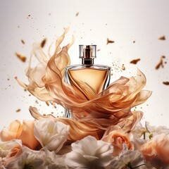A transparent bottle of expensive women's perfume. Trendy concept of natural materials. Natural cosmetic