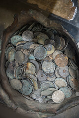 Metal jar with French coins recovered from the massacred and burned village of Oradour Sur Glane