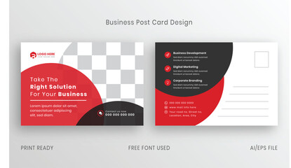 Post Card Template Layout. Red Corporate business postcard or EDDM postcard design template. Postcard Layout with Curve Elements in Red and Black Accents