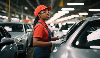 Afro American woman working in the on the car assembly lineof the factory 