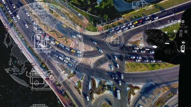 Intelligent Vehicles Cars Communicating Ai Logistic Autonomous Delivery Vehicles IoT GPS Tracking Satellite 5G Smart Roads Traffic Road Junction Interchange Motorway Triangulation Of Traffic Data