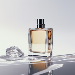 Transparent perfume bottle on a background of stone and wood. Trendy concept of natural materials. Natural cosmetic