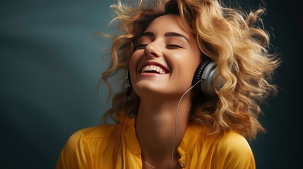 Photo of lady listen music look empty space open mouth wear earphones.