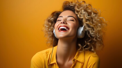 Photo of lady listen music look empty space open mouth wear earphones.