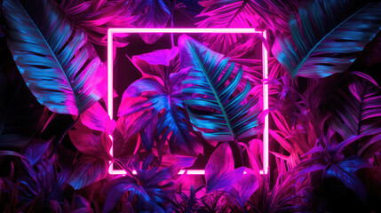 Creative fluorescent color layout made of tropical leaves with neon light square. Generative AI