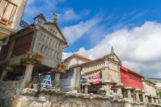 Typical horreos in the beautiful fishing village of Combarro, in Pontevedra, Galicia