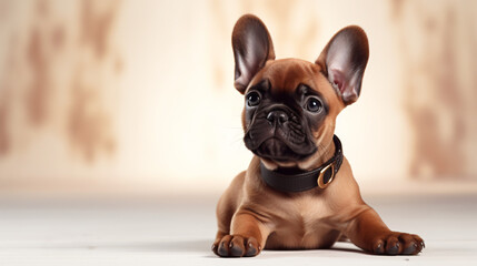 Adorable Little Frenchie Dog With Collar Looking Forward And Sitting - obrazy, fototapety, plakaty