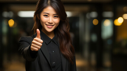 Banner of young and happy business woman pointing a finger up. Young woman with Asian features dressed in black suit on blurred office background making positive gesture with her hand and with copy sp
