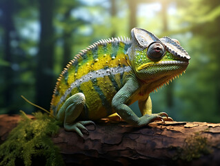 Obraz premium Vibrant Chameleon on Moss-Covered Branch in Forest: Perfect for Wildlife Documentaries, Nature Blogs, and Environmental Studies