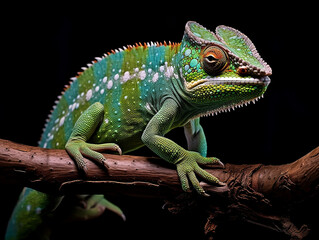 Vibrant Green Chameleon with Blue and Orange Spots on Branch: Perfect for Wildlife Documentaries, Nature Blogs, and Educational Materials