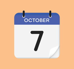 Vector calendar icon. 7 October. Day, month. Flat style.