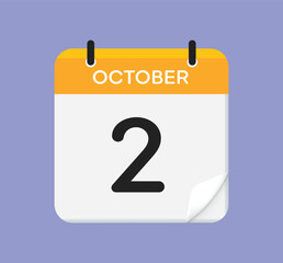 October 2. Calendar icon on light purple background. Vector illustration. Flat style.