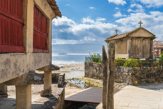 Typical horreos in the beautiful fishing village of Combarro, in Pontevedra, Galicia