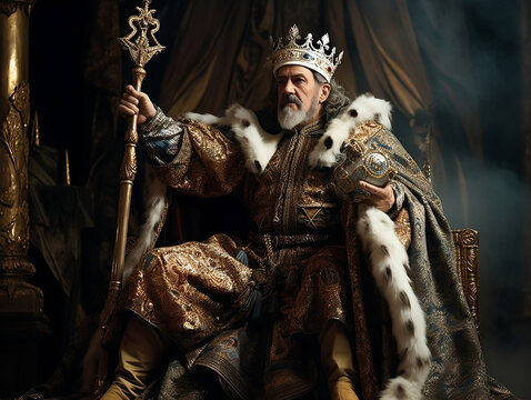 Majestic Medieval King in Royal Attire Seated on Throne - A Symbol of Power and Authority, Perfect for Historical Documentaries, Theatre Posters, and Educational Materials