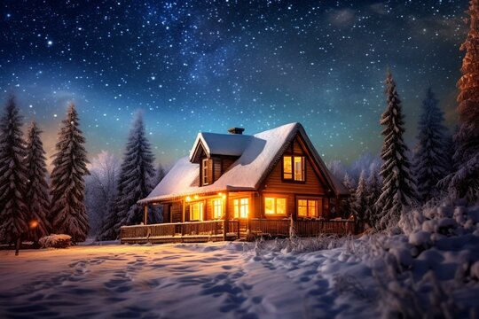 Winter night illuminates cozy cottage beneath beautiful Milky Way sky. Generative AI