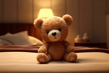 Cartoonish 3D teddy bear plush toy on a bed. Generative AI