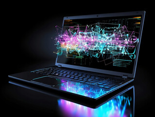 Vibrant Data Visualization on Laptop Screen Black Background - Perfect for Tech Presentations and Digital Art Projects