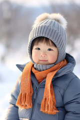Outdoors portrait of Asian toddler in the snow for winter holidays