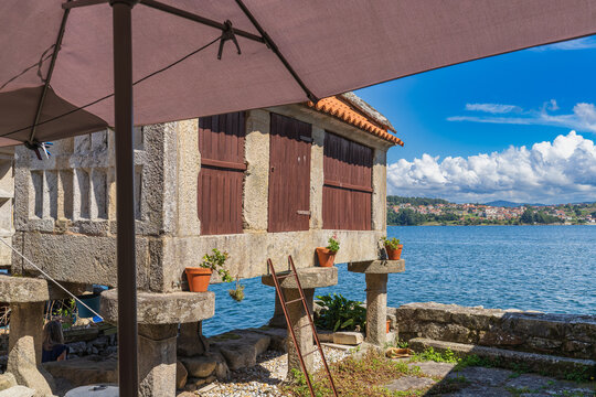 Typical horreos in the beautiful fishing village of Combarro, in Pontevedra, Galicia