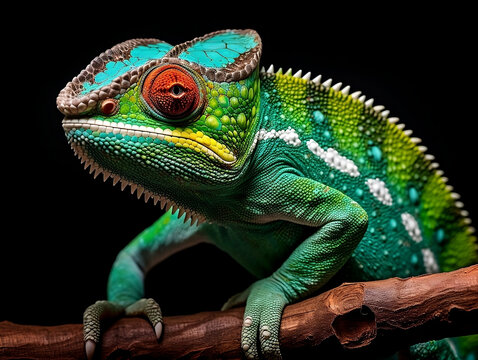 Vibrant Green Chameleon on a Branch - A Mesmerizing Display of Nature’s Adaptability, Perfect for Wildlife Enthusiasts, Nature Documentaries, and Educational Materials