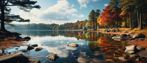 Beautiful autumn landscape with lake and pine trees in the forest - obrazy, fototapety, plakaty