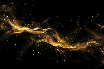 Golden Glitter Confetti Wave on Black Background - obrazy, fototapety, plakaty